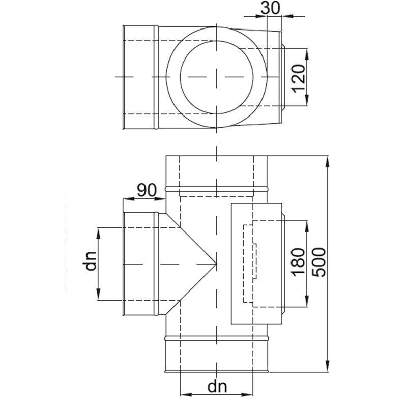 Zeichnung KS24 DW5 Reinigungsöffnung mit gegenüberliegenem Feuerungsanschluß alle Durchmesser