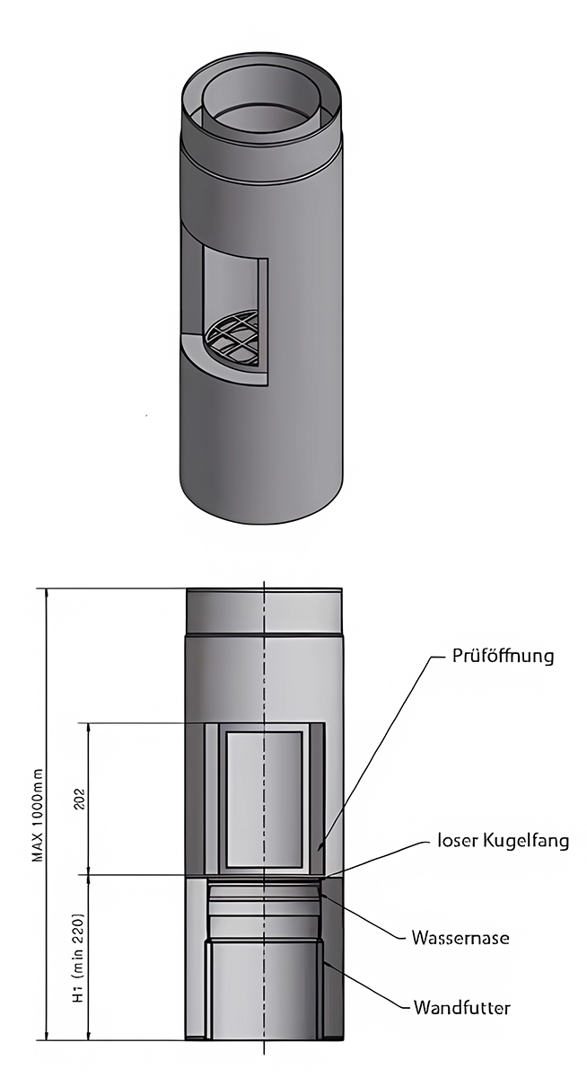 Zeichnung KS24 DW5 Ofenaufsatzmodul mit  Kugelfang und Rußbehälter alle Durchmesser