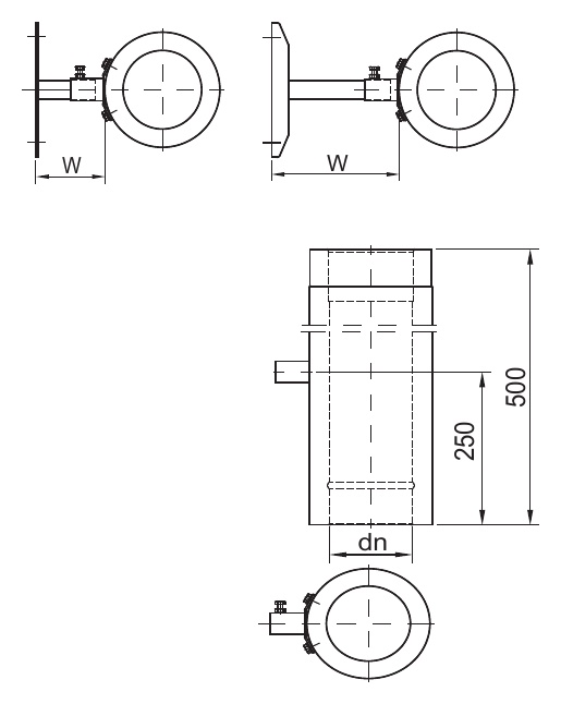 Zeichnung von ZEN Längenelement mit Wandhalter L = 500 mm alle Durchmesser | MK Edelstahlschornstein ZEN