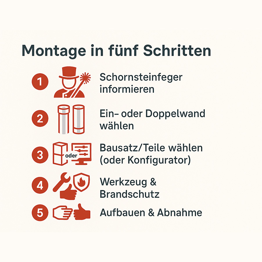 Infografik: Montage eines Edelstahlschornsteins in fünf Schritten