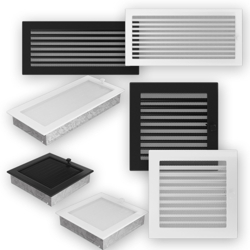 Das Bild zeigt vier verschiedene Warmluftgitter, wobei jeweils zwei in Schwarz und zwei in Weiß abgebildet sind. Die Gitter weisen unterschiedliche Größen auf und sind für die Integration in Heizungs- oder Lüftungssysteme konzipiert, um den Luftdurchfluss in Wohn- oder Geschäftsgebäuden zu regulieren oder zu verteilen.