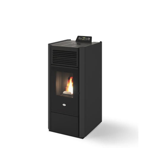 Eva Calor Nora Pelletofen mit eleganter schwarzer Glasfront, schlichter Stahlverkleidung und großer Sichtscheibe – kompakter Ofen für moderne Wohnräume