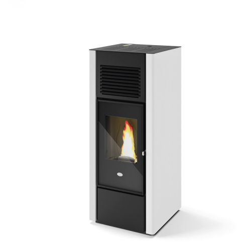Eva Calor Giusy Pelletofen mit moderner Stahlverkleidung, schwarzer Glasfront, großer Sichtscheibe und kompaktem Design – Modell mit doppelter Warmluftkanalisierung