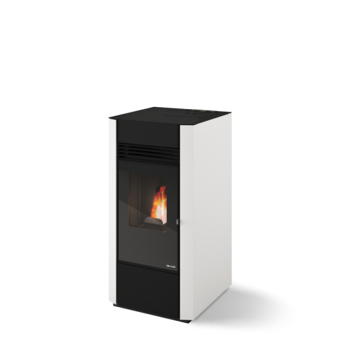 Eva Calor Irma Plus Pelletofen mit schwarzer Glasfront, kompakter Bauform und Premium-Kanalisierung – moderner Ofen für die Beheizung mehrerer Räume