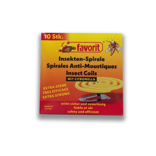 Das Bild zeigt die Verpackung des Produktes Favorit Insektenspirale 10er Pack #1292. Die Verpackung ist vorwiegend gelb und rot, mit der Darstellung einer blauen Spirale im Zentrum und einer Mücke im oberen Teil. Auf der Verpackung sind außerdem die Texte Extra stark, wirkt sicher und zuverlässig und die Packungsgröße von 10 Stück abgebildet. Das Bild soll Informationen über das Design, die Marke und den Inhalt des Produktes vermitteln. Es dient dazu, Käufer über das spezielle Insektenschutzprodukt zu informieren und dessen Wiedererkennung im Handel zu erleichtern.