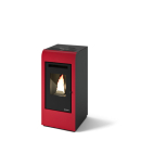 Eva Calor Nora Pelletofen mit eleganter schwarzer Glasfront, schlichter Stahlverkleidung und großer Sichtscheibe – kompakter Ofen für moderne Wohnräume