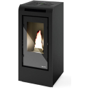 Eva Calor Nora Pelletofen mit eleganter schwarzer Glasfront, schlichter Stahlverkleidung und großer Sichtscheibe – kompakter Ofen für moderne Wohnräume