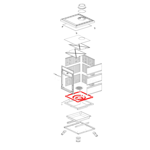 Das Bild zeigt eine Explosionszeichnung des Brennraumbodens für den La Nordica Rossella R1, R3, Plus, Forno Ofen. Der Brennraumboden ist in der Mitte des Bildes hervorgehoben, was darauf hinweist, dass es sich um eine Ersatz- oder Komponentenansicht handelt, die den Kunden bei der Identifikation oder beim Zusammenbau des Teils hilft.