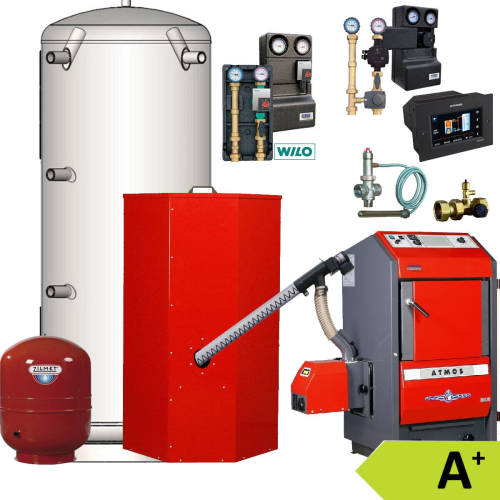 Atmos Pellet komplett Heizung P30 mit Notholzbetrieb 2x Heizkreis Puffer PAP Schnecke 4.0m Pelletlager 1000