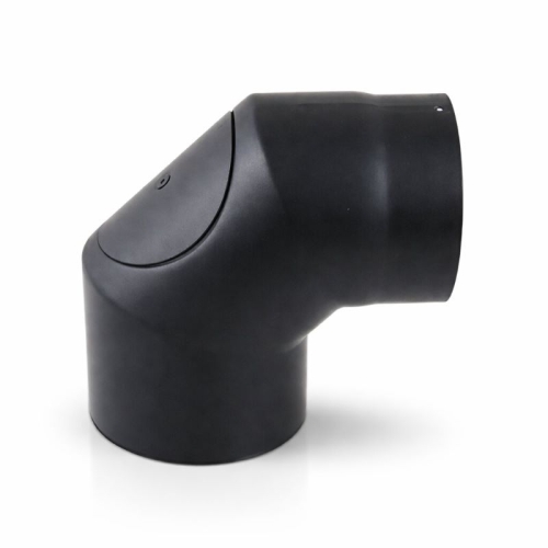 Das Bild zeigt ein schwarzes Rohrverbindungselement mit der Bezeichnung Bogen 90° mit Tür DN 150mm schwarz #310. Dies ist ein Installationszubehör, das hauptsächlich für die Montage in Lüftungs- und Abzugssystemen verwendet wird. Der 90-Grad-Bogen erlaubt eine Richtungsänderung des Rohrsystems, während die Inspektionstür für Wartungszwecke oder Reinigungszugang gedacht ist.