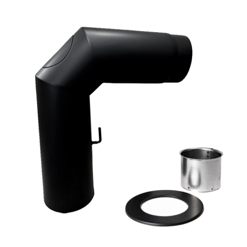 Das Bild zeigt das Kaminrohrset glatt II 700 x 450 ø150 schwarz # 310 mit großer Tür. Zu sehen ist ein schwarzes, glattes Kaminrohr mit einem 90-Grad-Bogen und einer integrierten Inspektionstür für eine leichte Reinigung oder Wartung. Im Lieferumfang enthalten sind ebenfalls eine Wandrossette zur Abdeckung der Wanddurchführung sowie ein Doppelwandfutter für den Anschluss an den Kamin. Das Set dient zur Führung von Rauchgasen aus einem Ofen durch eine Wand oder Decke nach außen oder in einen vorhandenen Schornstein.