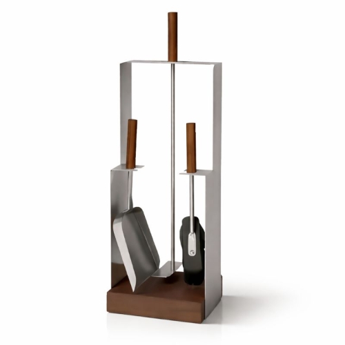 Kaminbesteck 3-teilig Edelstahl Griffe und Sockel in Nussholz