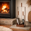 Kaminbesteck 3-teilig Edelstahl Griffe und Sockel in Nussholz