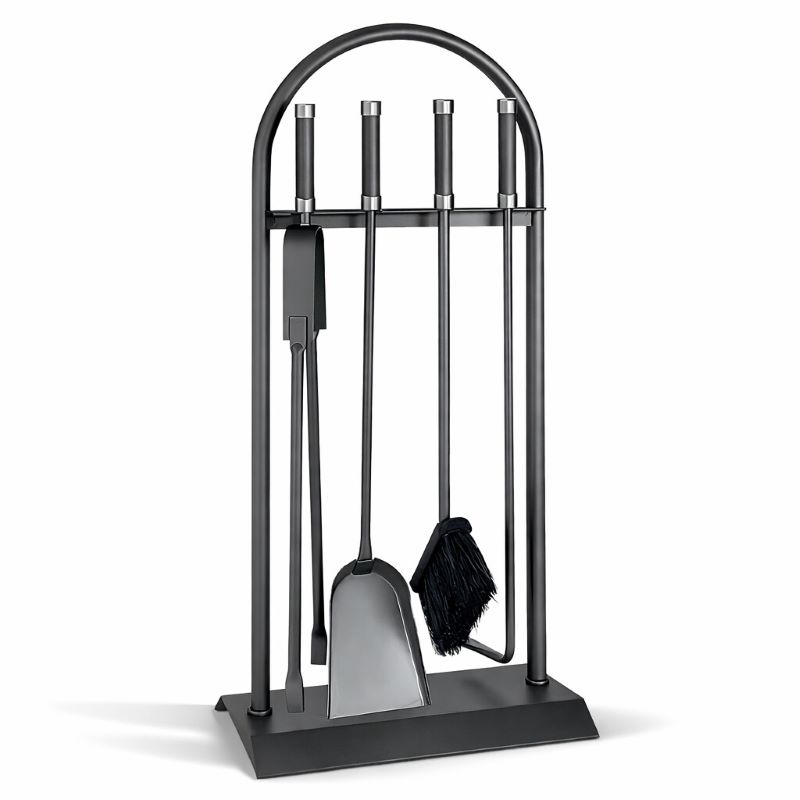 Design Kaminbesteck 4-teilig anthrazit, gebogener Halter, Griffe mit