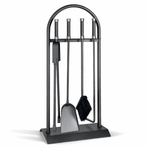 Design Kaminbesteck 4-teilig anthrazit, gebogener Halter, Griffe mit Chromkappen