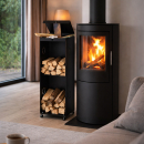 Mobiles Brennstoffregal aus Metall, schwarz mit Stauraum