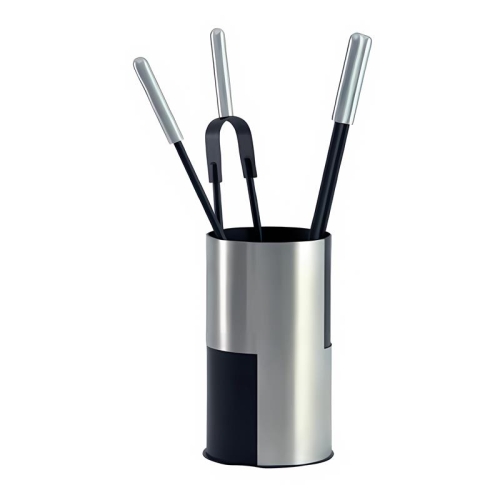 Kaminbesteck 3-teilig mit rundem Korb in Edelstahl und schwarzem Besteck mit Edelstahlgriffen