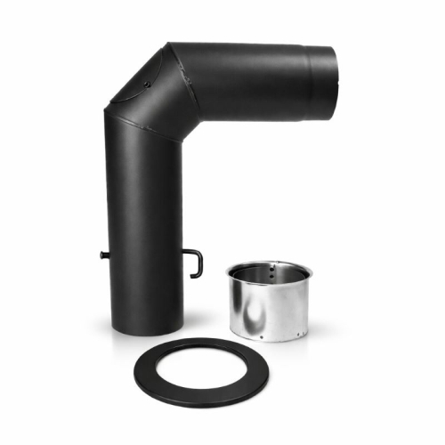 Das Bild zeigt das Winkel-Set 600 x 450mm ø 130 I schwarz met. #310. Zu sehen ist ein schwarzes, metallisches Rauchrohr-Winkelstück für Kamin- oder Ofenanschlüsse, welches offenbar zur Führung von Abgasen dient. Im Bild sind auch eine Wandrosette und ein Dichtungsring abgebildet, die eine saubere und sichere Installation des Winkelstücks ermöglichen. Das Produkt ist anscheinend für Heizanlagen konzipiert, bei denen die Abgase durch eine Wand oder in einen Schornstein geführt werden müssen.