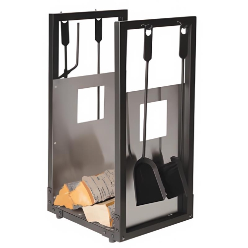 Lienbacher Holzkorb Mit Kaminbesteck 4-teilig, Schwarz Mit Edelstahl Einlage