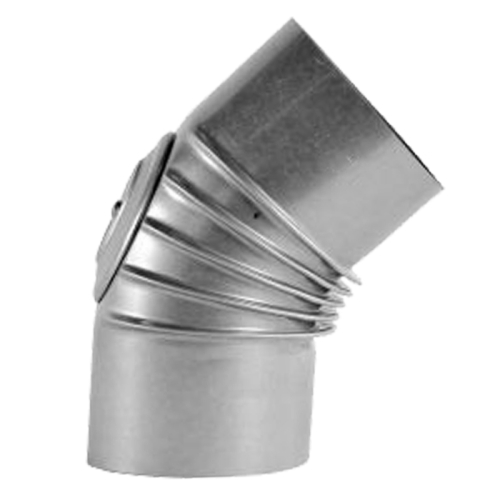 Das Bild zeigt einen Bogen 45° mit Tülle in FAL-Ausführung und einem Durchmesser von 160 mm. Das Produkt besteht aus Metall und wird typischerweise in Lüftungssystemen und Abluftanlagen verwendet, um Richtungsänderungen des Luftstroms zu ermöglichen, bei einer Winkeländerung von 45 Grad.