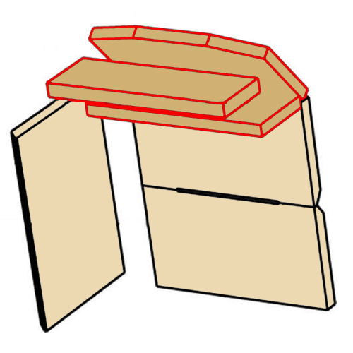 Das Bild zeigt eine schematische Darstellung einer Feuerleitblende aus Vermiculite, die als Ersatzteil für bestimmte Modelle von Kaminöfen, wie den Grato, Gordan und Eurotherm, verwendet wird. Das gezeigte Produkt besteht aus mehreren vermiculite Platten, die an ihrer markierten Kante ineinandergreifen, um eine effiziente Wärmeverteilung im Kaminofen zu ermöglichen und die Brennkammer zu schützen. Die roten Linien betonen möglicherweise die Montagepunkte oder wichtigen Kanten der Feuerleitblende.