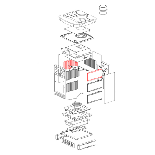 Das Bild zeigt eine Explosionszeichnung des Heizgeräts Gaia / Gaia Forno von La Nordica. In der Darstellung sind die einzelnen Komponenten des Geräts räumlich voneinander getrennt dargestellt, um den Aufbau und die Platzierung der Teile zu veranschaulichen. Die Brennraumplatte Seitenwand oben links oder rechts ist durch rote Umrandung hervorgehoben, was darauf hinweist, dass dieses spezifische Ersatzteil im Mittelpunkt steht. Die visuelle Darstellung dient dazu, dem Betrachter zu zeigen, wo sich die Brennraumplatte im Zusammenhang mit den anderen Teilen des Ofens befindet und wie sie eingesetzt werden sollte.