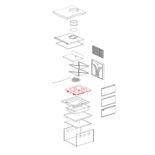 Das Bild zeigt eine Explosionszeichnung des Brennraumbodens für Asia von La Nordica. Es illustriert die Einzelteile und die Montageanordnung des Produkts und dient dazu, Kunden oder Servicepersonal eine visuelle Anleitung für den Aufbau oder die Reparatur des Brennraumbodens zu bieten.