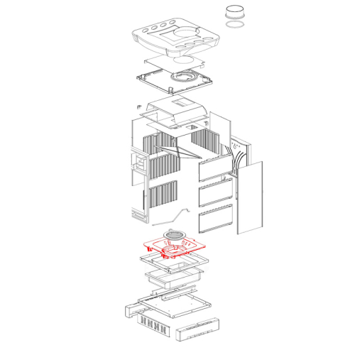 Das Bild zeigt eine Explosionszeichnung des Brennraumbodens für Gaia, Gaia Forno von La Nordica. Es handelt sich um eine schematische Darstellung, die alle Einzelteile sowie deren Position und Montagezusammenhang innerhalb des Holzofens visualisiert. Der Brennraumboden ist rot hervorgehoben und deutlich erkennbar. Diese Art von Abbildung wird oft verwendet, um die Konstruktion eines Produktes zu veranschaulichen und dem Betrachter einen klaren Überblick über die Einzelkomponenten und deren Anordnung zu geben, was besonders hilfreich bei Wartung, Reparatur oder Zusammenbau sein kann.