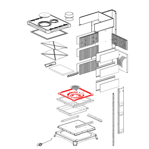 Das Bild zeigt eine Explosionszeichnung des Produkts Brennraumboden für Fedora von La Nordica. Die Darstellung dient der Illustration einzelner Komponenten und ihrer Anordnung innerhalb des kompletten Bauteils. In der Mitte des Bildes ist der Brennraumboden mit einem roten Umriss und einem Warnsymbol hervorgehoben, was darauf hinweist, dass es sich um ein wichtiges bzw. zentrales Element des Produktes handelt.