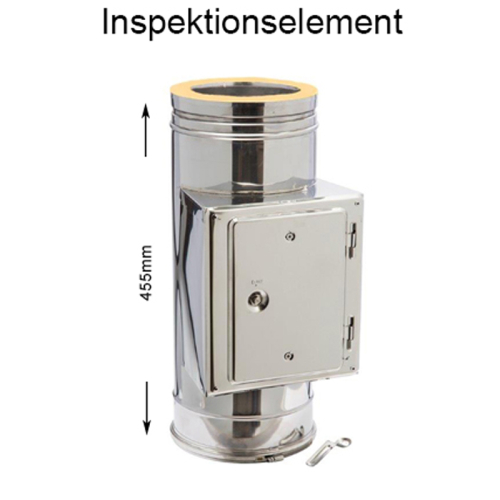 Das Bild zeigt das Produkt DW Complete Putztüranschluss eckig 130mm, ein Inspektionselement für Schornstein- oder Abgasanlagen. Das Edelstahl-Element ist mit einer quadratischen Inspektionstür ausgestattet und eine Maßangabe von 455 mm gibt die Höhe des Elements an. Der Zweck des Bildes ist es, die Kunden über das Aussehen, die Abmessungen und den Aufbau des Inspektionselements zu informieren.