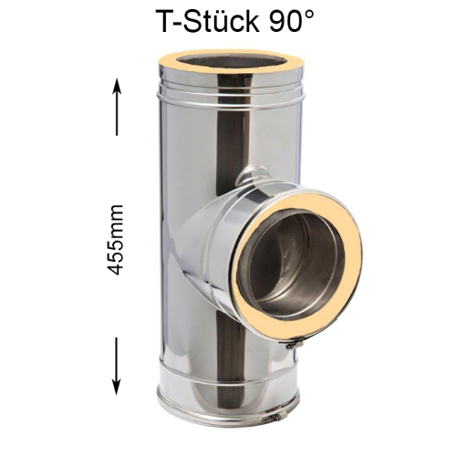 Das Bild zeigt das Produkt DW Complete Rauchrohranschluß 90° T-Stück 150mm. Es handelt sich um ein Rohrleitungselement aus Metall mit spiegelnder Oberfläche, das für den Anschluss eines Ofen- oder Kaminrohrs verwendet wird. Das T-Stück hat drei Öffnungen: eine nach oben, eine geradeaus führende und eine seitliche Öffnung im 90-Grad-Winkel. Am seitlichen Anschluss sind eine Klemmvorrichtung und eine Dichtung sichtbar. Über dem T-Stück sind die Maße mit 455mm Höhe angegeben, was auf die Gesamthöhe des Elements hinweist. Das Bild dient dazu, dem Betrachter eine klare Vorstellung von der Beschaffenheit und den Abmessungen des T-Stücks zu vermitteln.