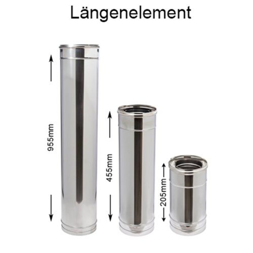 Das Bild zeigt drei verschiedene Längenelemente des Produkts DW Complete Längenelement 500mm 130mm für doppelwandige Schornsteinrohre oder ähnliche Installationen. Von links nach rechts ist ein 955mm langes Element, ein 455mm Element und ein 205mm Element abgebildet, alle mit einem Durchmesser von 130mm. Die Längenangaben sind direkt an den Produkten angezeigt, um die verschiedenen Größenoptionen zu veranschaulichen.