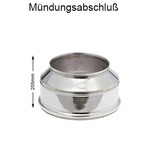 Das Bild zeigt den DW Complete Mündungsabschluss mit einem Durchmesser von 150mm. Der Mündungsabschluss ist aus Metall gefertigt und weist eine glänzende Oberfläche auf. Am Produkt ist eine Abmessung angegeben – eine Höhe von 205mm. Dieses Bild dient dazu, das Aussehen und die Größe des Mündungsabschlusses zu veranschaulichen, welcher typischerweise in Abgasanlagen oder ähnlichen Installationen verwendet wird, um den Abschluss eines Rohres oder Kanals zu bilden.
