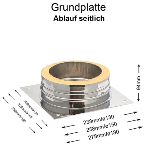 Das Bild zeigt die DW Complete Grundplatte Ablauf seitlich 150mm, eine Metallplatte mit zentralem, aufgesetztem Metallring und einer Dichtung. Die Grundplatte ist vermutlich für Installationen in Abwassersystemen gedacht, bei denen ein seitlicher Ablauf benötigt wird. Die Abmessungen sind auf dem Bild angegeben, mit Hinweisen auf die Durchmesser für unterschiedliche Rohrgrößen: 238 mm bei einem Durchmesser von 130 mm, 258 mm bei 150 mm und 278 mm bei 180 mm. Die Höhe des aufgesetzten Metallrings beträgt 94 mm. Diese spezifischen Maßangaben dienen dazu, die Kompatibilität mit entsprechenden Installationssystemen zu verdeutlichen.