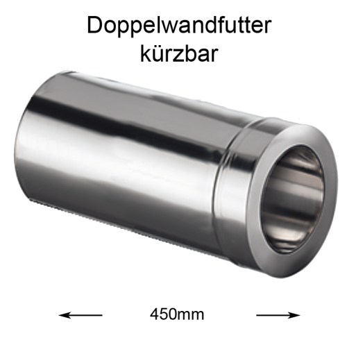 Das Bild zeigt das Produkt DW Complete Doppelwandfutter 450mm kürzbar 150mm. Es handelt sich um ein zylindrisches Bauteil aus Metall mit einer spiegelnden Oberfläche und ist für die Verwendung in Schornstein- oder Abgasanlagen bestimmt. An der Oberseite befindet sich eine Beschriftung Doppelwandfutter kürzbar und an beiden Enden des Doppelwandfutters sind Pfeile mit der Beschriftung 450mm zu erkennen, welche die Länge des Elements angeben.
