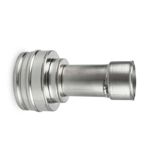 Das Bild zeigt das Produkt Schiedel Anschlussfutter DN 180mm einwandig, kürzbar für ICS DN 150mm. Es handelt sich um ein metallenes zylindrisches Bauteil mit einer breiteren Flanschplatte auf einer Seite und einem schmaleren, teleskopartigen Ende auf der anderen. Das Bauteil ist typischerweise Teil eines Schornsteinsystems oder einer Abgasanlage und dient dazu, unterschiedliche Durchmesser von Rohren oder Kanälen miteinander zu verbinden.