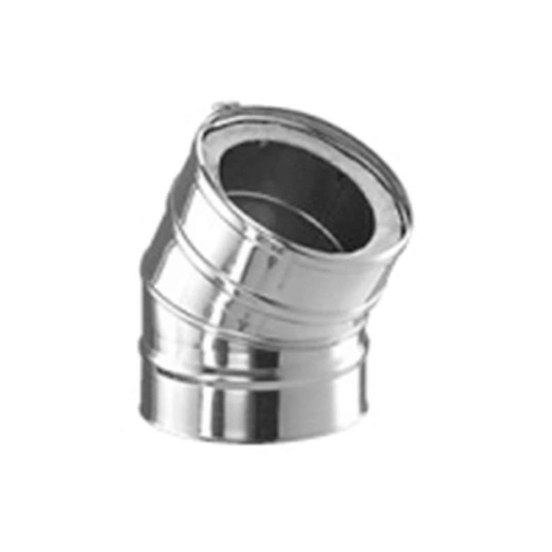 Das Bild zeigt den Schiedel ICS Bogen mit einem Winkel von 30 Grad und einem Durchmesser von 180mm, ein Bauteil aus Edelstahl für Schornsteinsysteme. Das Produkt ist vor einem weißen Hintergrund abgebildet und dient dazu, Richtungsänderungen von Abgasleitungen zu ermöglichen.