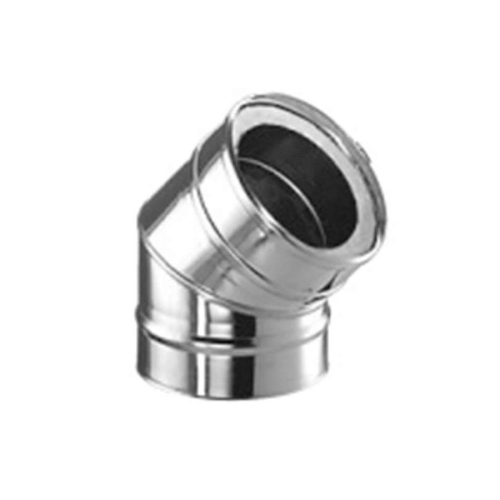 Das Bild zeigt einen Schiedel ICS Bogen 45° mit einem Durchmesser von 180 mm. Der Bogen ist Bestandteil eines doppelwandigen Schornsteinsystems und dient dazu, den Schornstein im Winkel von 45 Grad zu verlegen. Er besteht aus Metall, vermutlich Edelstahl, und reflektiert das Licht auf seiner glänzenden Oberfläche.