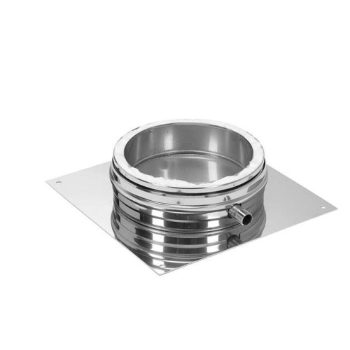 Das Bild zeigt die Schiedel ICS Grundplatte für Bodenmontage 500 mit seitlichem Ablauf, ein Bauelement für Schornsteinsysteme. Es stellt eine quadratische Edelstahlplatte mit einem zentralen, zylindrischen Anschluss für den Schornstein dar. An der Seite des Anschlusses befindet sich eine kleine Vorrichtung, die wahrscheinlich als Ablauf dient. Diese Komponente ist zur Installation und Integration in ein bestehendes oder neues Schornsteinsystem vorgesehen, um eine solide Basis zu bieten und Kondensatablauf zu ermöglichen.