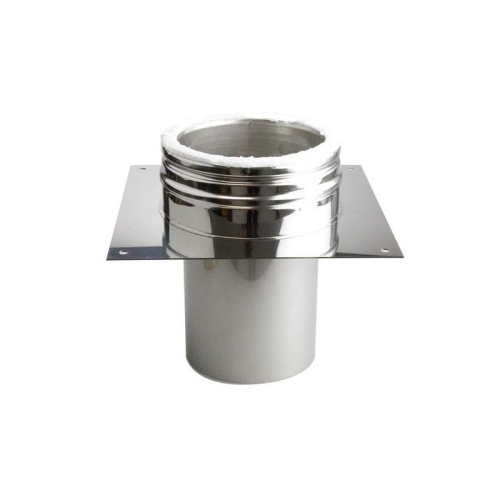 Das Bild zeigt die Schiedel ICS Grundplatte offen DN 100mm für Schornsteinverlängerung. Zu sehen ist eine glänzende Metallkonstruktion mit einer quadratischen Basisplatte, an deren Mitte sich ein zylindrischer Teil mit einem abgedichteten Ende und einer Schraubverbindung oben befindet. Das Bild dient dazu, die Beschaffenheit und das Design der Grundplatte für potenzielle Kunden zu präsentieren, die eine Schornsteinverlängerung planen.