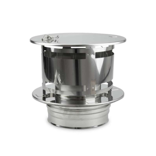 Das Bild zeigt den Schiedel ICS Regenhaube AntiSplash Deckel klappbar DN 180mm. Das Produkt ist ein zylindrischer, klappbarer Schornsteinaufsatz oder Regenhaube aus Edelstahl. Der Zweck des Bildes ist es, die Gestaltung und Bauweise des Deckels darzustellen, welcher zur Verhinderung von Regeneintritt in Schornsteinrohre dient. Der Deckel ist rund und hat einen Durchmesser von 180mm, was auf die Größenangabe DN 180mm im Produktnamen hinweist. Auf dem Bild ist die Regenhaube in einer Perspektive fotografiert, die die oberen und seitlichen Teile erkennen lässt und wie sie auf das untere Rohrelement montiert wird.