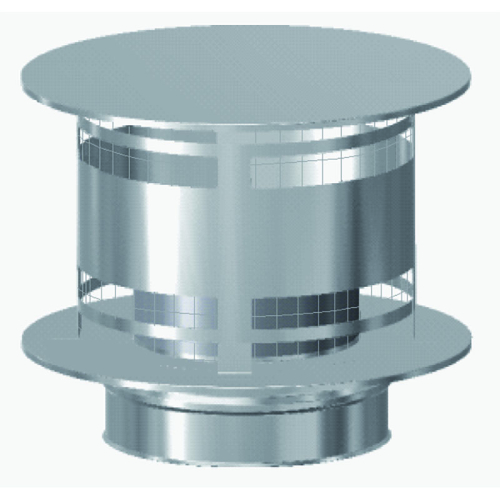 Das Bild zeigt den Schiedel ICS Regenhaube AntiSplash mit Funkenschutzgitter DN 300mm, ein Abgasanlagenzubehör, das auf ein Abgasrohr montiert wird. Es handelt sich um eine runde, metallische Konstruktion, die dazu dient, Regenwasser von der Eingangsöffnung eines Schornsteins oder einer Abgasleitung fernzuhalten und Funkenflug zu verhindern, um erhöhte Sicherheit zu gewährleisten. Die Regenhaube ist mit Gittersegmenten ausgestattet, die die Funktion des Funkenfangs übernehmen, und besitzt eine breite, flache Oberseite mit einem erhöhten Rand, der verhindert, dass Wasser in das Innere eindringt.