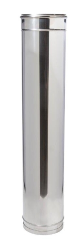 Das Bild zeigt ein Schiedel ICS Rohrelement mit einer Länge von 1000 mm und einem Durchmesser von 130 mm. Dieses Edelstahlelement ist Teil eines modularen Schornstein- oder Abgassystems und wird für die sichere Abführung von Verbrennungsgasen verwendet. Es ist ein zylindrisches, glänzendes Rohr mit einer klaren, sichtbaren Längsnaht, einem glatten oberen Rand und einem angeflanschten unteren Ende für die Verbindung mit anderen Elementen des Schornsteinsystems.