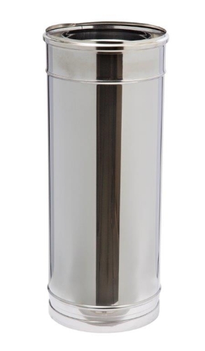 Das Bild zeigt ein Schiedel ICS Rohrelement mit einer Länge von 500 mm und einem Durchmesser von 180 mm. Das Rohr ist aus Metall, vermutlich Edelstahl, und hat einen hochglanzpolierten Außenbereich. Es ist ein Abschnitt eines modularen Schornsteinsystems und wird für den Aufbau oder die Verlängerung eines Schornsteines verwendet, indem es an andere Elemente des gleichen Systems angeschlossen wird.