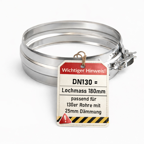 Das Bild zeigt ein Schiedel ICS Klemmband mit einer Breite von 57mm und einem Durchmesser von 130mm. Das Klemmband besteht aus Metall, vermutlich Edelstahl, und weist einen Mechanismus auf, der es ermöglicht, es zu öffnen und zu schließen. Es wird in der Regel verwendet, um Abschnitte eines Schornsteinrohrsystems fest miteinander zu verbinden und eine sichere und stabile Installation zu gewährleisten.