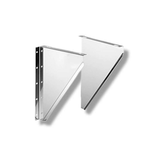 Das Bild zeigt zwei Schiedel ICS Konsolenbleche für Wandmontage DN 200mm. Diese Konstruktionselemente werden verwendet, um Schornstein- oder Abgasleitungssysteme sicher an einer Wand zu befestigen. Sie sind aus Metall gefertigt und weisen mehrere Bohrungen für Schrauben auf, um eine stabile Montage zu gewährleisten.