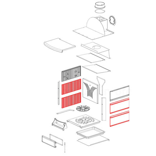 Dieses Bild zeigt eine Explosionszeichnung der Brennraumplatte für Svezia von La Nordica. Die Darstellung visualisiert die einzelnen Komponenten und Teile, die zusammen den Brennraum des Ofens bilden. Sie dient dazu, die Struktur und das Design der Brennraumplatte zu veranschaulichen und einen Einblick in die Montage und Anordnung der einzelnen Teile zu bieten.