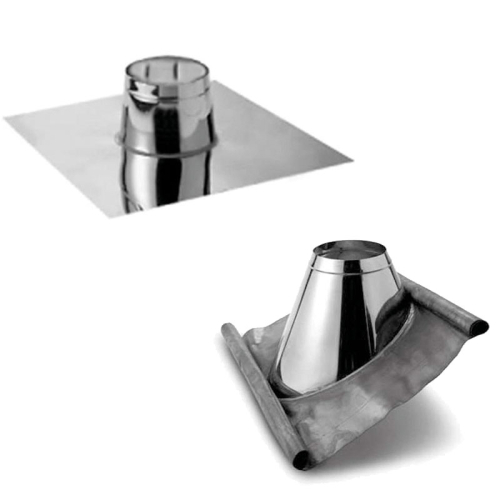 Das Bild stellt zwei Varianten einer Dachdurchführung für Flach- oder Schrägdach dar: Eine ist für flache Dächer konzipiert, erkennbar an der geraden, festen Basis, die andere für Schrägdächer, zu erkennen an der geneigten, flexiblen Basis. Beide Durchführungen sind aus Metall und dienen dem Zweck, Rohre oder Leitungen durch das Dach zu führen, während sie Wasser- und Wetterdichtigkeit sicherstellen.