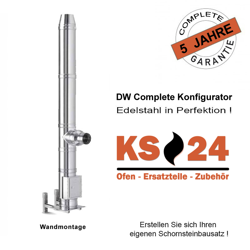 Edelstahlschornstein DW Complete DN 150mm ca. 6,0m Wandmontage 70300 Edelstahlschornstein DW Complete DN 150mm ca. 6,0m Wandmontage 70300
