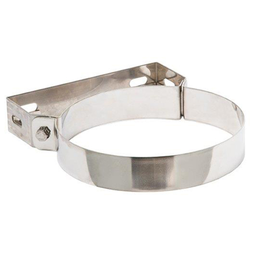 Das Bild zeigt den DW Complete Wandhalter 50mm starr für DN 150mm verlängerbar. Zu sehen ist eine metallische Halterung mit einer runden Klemmschelle und einer angeschweißten Montageplatte mit Langlöchern zur Befestigung. Dieser Wandhalter dient dazu, Rohre oder ähnliche Installationskomponenten mit einem Durchmesser von 150 mm sicher an einer Wand oder einer anderen vertikalen Struktur zu befestigen und bei Bedarf in der Länge zu verstellen. Die robuste Konstruktion und das Material (häufig Edelstahl) gewährleisten eine dauerhafte und stabile Installation.